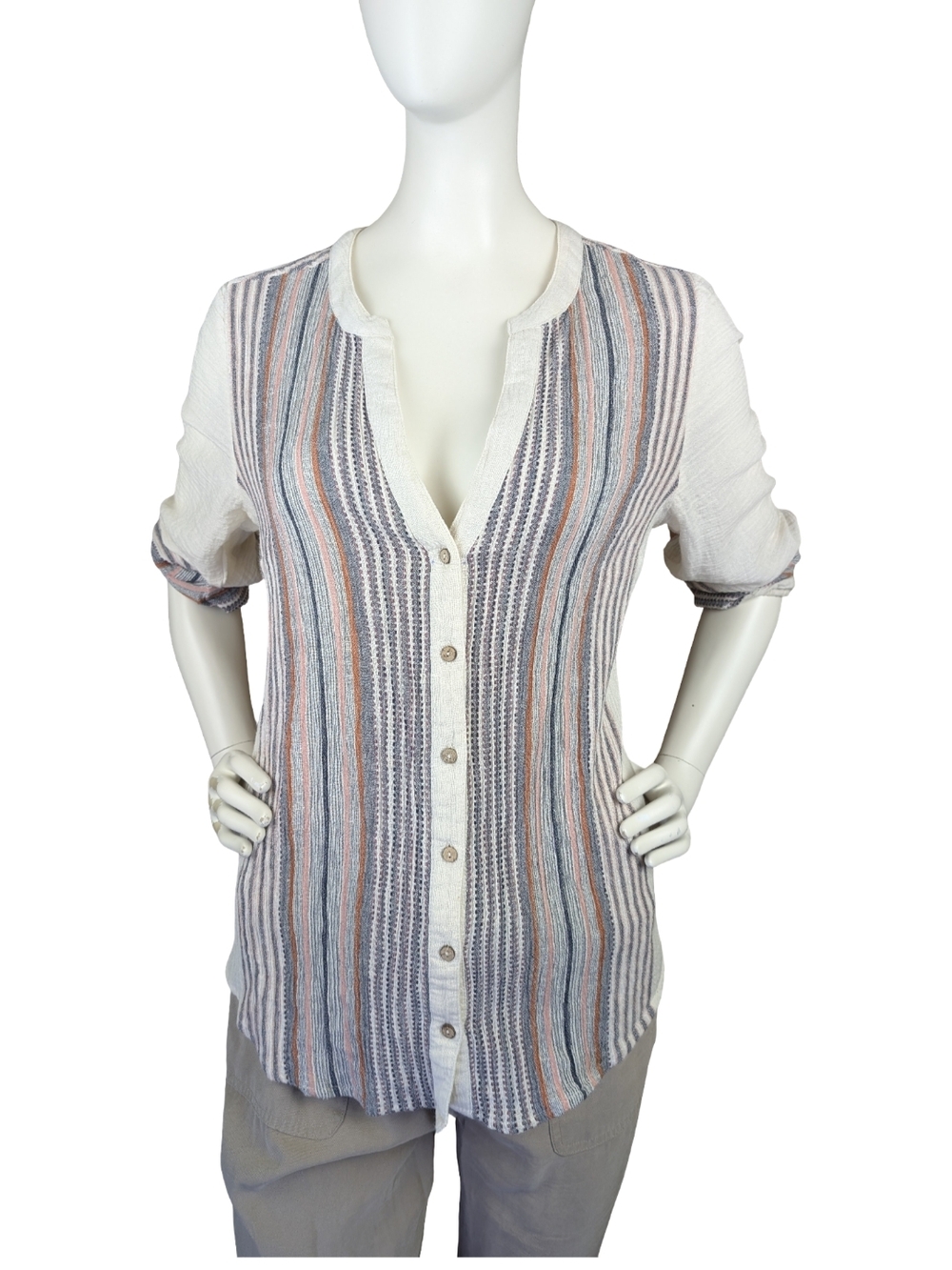 Liverpool Striped Cotton Coastal Rayon Button Front Boho Blouse | Size Small